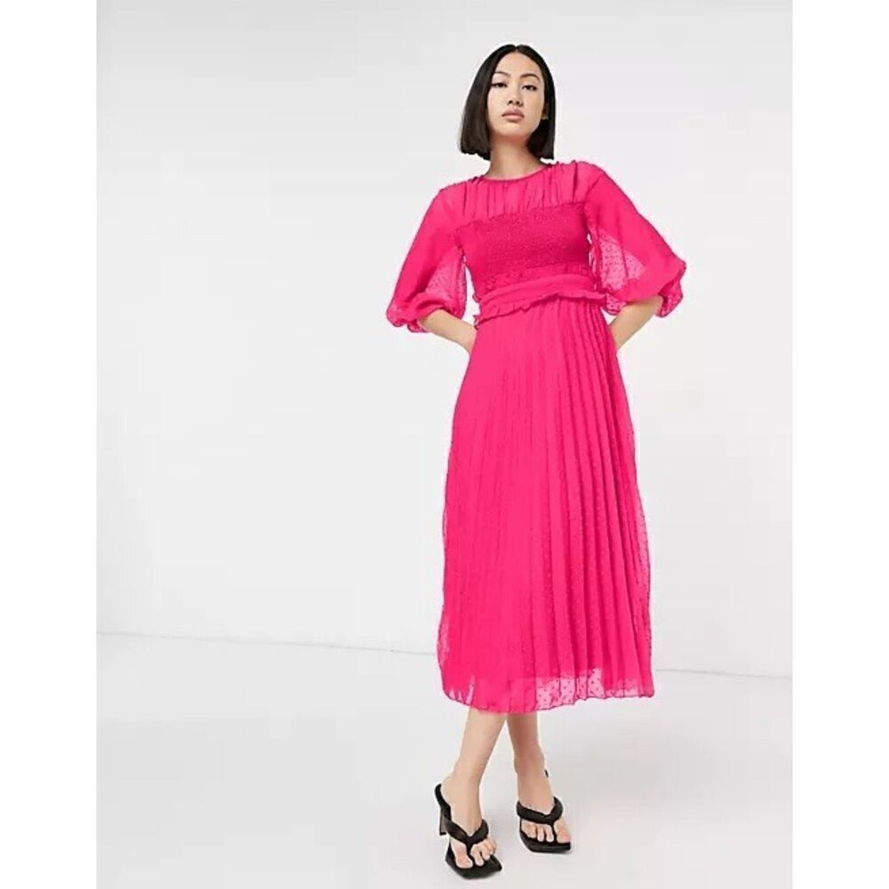 ASOS DESIGN Textured Pleated Shirred Midi Dress Hot Pink size 0 Smocked